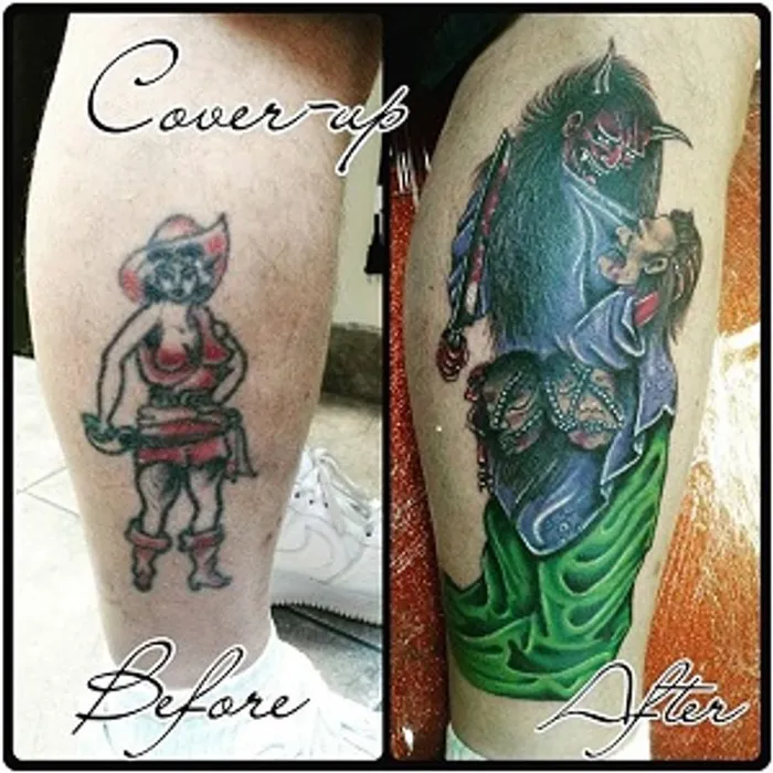 Before and after tattoo cover-up transformation on a calf